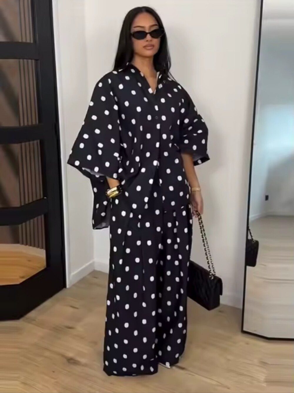2026 Autumn Summer Polka Dot Shirt Pants Women's Set Elegant Lapel Three Quarter